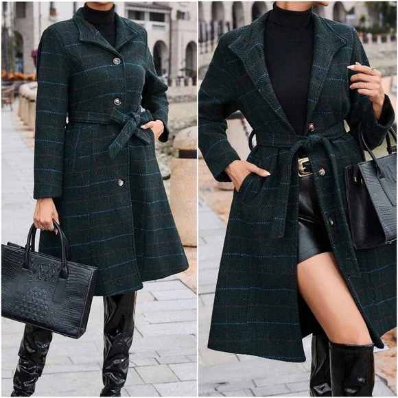 Classic Plaid Print Button Belted winter Jacket Trench Coat - Picture 1 of 3